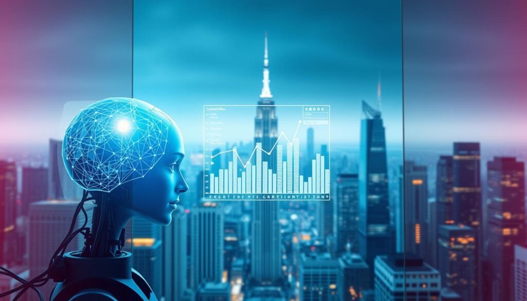 A dynamic, data-driven AI system at the forefront of modern lead generation, set against a sleek, futuristic backdrop. In the foreground, a sophisticated algorithm analyzes real-time customer insights, optimizing lead capture and conversion. In the middle ground, a holographic display showcases interactive visualizations of the AI's predictive analytics, guiding marketing decisions. The background depicts a cityscape of towering skyscrapers, symbolizing the scale and impact of AI-powered lead generation. Subtle lighting casts an ethereal glow, conveying the transformative power of this intelligent technology. The scene evokes a sense of innovation, efficiency, and the seamless integration of artificial intelligence into the core of modern business.