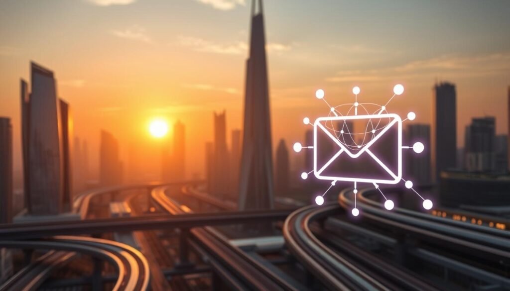 A futuristic cityscape illuminated by the warm glow of a rising sun, with sleek skyscrapers and futuristic transport systems in the background. In the foreground, a stylized email icon with an intelligent algorithm visualized as a complex network of interconnected nodes and lines, representing the optimization of email send times to maximize open rates and conversions. The image has a clean, minimalist aesthetic with a focus on technology and innovation, conveying the power of AI-driven email marketing strategies.