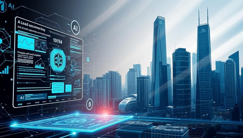 A futuristic digital landscape showcasing the evolution of AI lead generation. In the foreground, a sleek, holographic interface displays data-driven insights and AI-powered automation tools. In the middle ground, interconnected neural networks and algorithms pulsate with energy, powering predictive analytics and personalized lead nurturing. The background features a cityscape of towering skyscrapers, their facades adorned with the logos of leading technology companies, symbolizing the integration of AI into the very fabric of modern business. Dramatic lighting casts long shadows, creating a sense of depth and sophistication. The overall mood is one of progress, innovation, and the seamless merger of human and artificial intelligence.