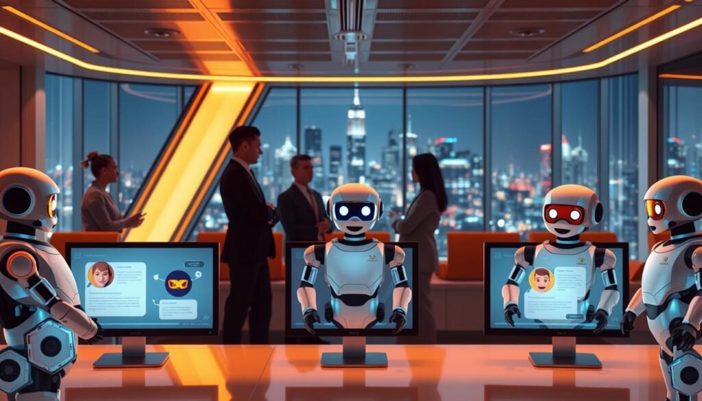 A futuristic office setting with a sleek, modern interior design. In the foreground, a group of AI chatbots are displayed on various digital screens, each with a unique interface and persona. The chatbots are engaged in animated conversations, their expressions and body language conveying a sense of dynamic interaction. In the middle ground, a team of professionals, represented by their silhouettes, are collaborating and strategizing around the use of these AI chatbots for lead generation. The background features a panoramic view of a bustling city skyline, symbolizing the integration of advanced technology in the modern business landscape. The scene is illuminated by warm, directional lighting, creating a sense of productivity and innovation.