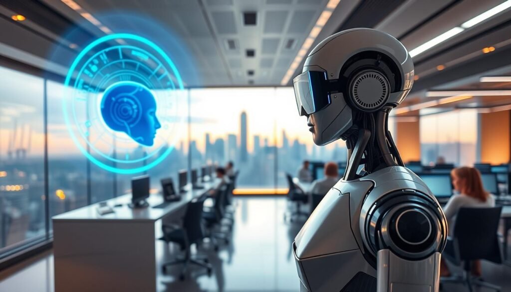 A futuristic office space with a sleek, minimalist design. In the foreground, an AI assistant stands ready to assist a customer, their holographic interface emanating a warm, blue glow. The middle ground features a modern call center, with rows of agents conversing with clients through cutting-edge communication devices. The background showcases a panoramic city skyline, illuminated by the soft, diffused light of an evening sky. The overall atmosphere is one of efficiency, innovation, and a seamless customer experience, highlighting the power of AI-driven customer support.