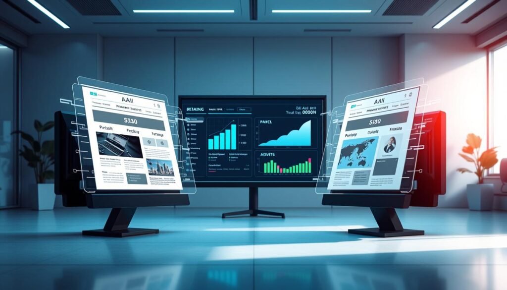 A futuristic scene of AI-powered automated A/B testing. In the foreground, two email newsletter designs face off, their elements dynamically shifting and updating in real-time. In the middle ground, a sleek dashboard displays performance metrics, insights, and optimization recommendations generated by an advanced machine learning algorithm. The background depicts a serene, minimalist office environment, bathed in cool, soothing lighting, suggesting a seamless, data-driven approach to email marketing optimization.