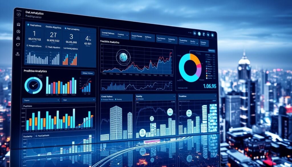 A holistic data analysis dashboard with predictive analytics visualizations, displayed on a sleek, modern interface. The foreground features intuitive data charts, graphs, and interactive metrics that provide actionable business insights. The middle ground showcases advanced machine learning algorithms processing vast datasets, uncovering hidden patterns and forecasting future trends. The background depicts a stylized cityscape, representing the broader business landscape where these analytical tools are applied. Soft, directional lighting accentuates the clean, high-tech aesthetic, creating an atmosphere of data-driven decision-making and strategic foresight.