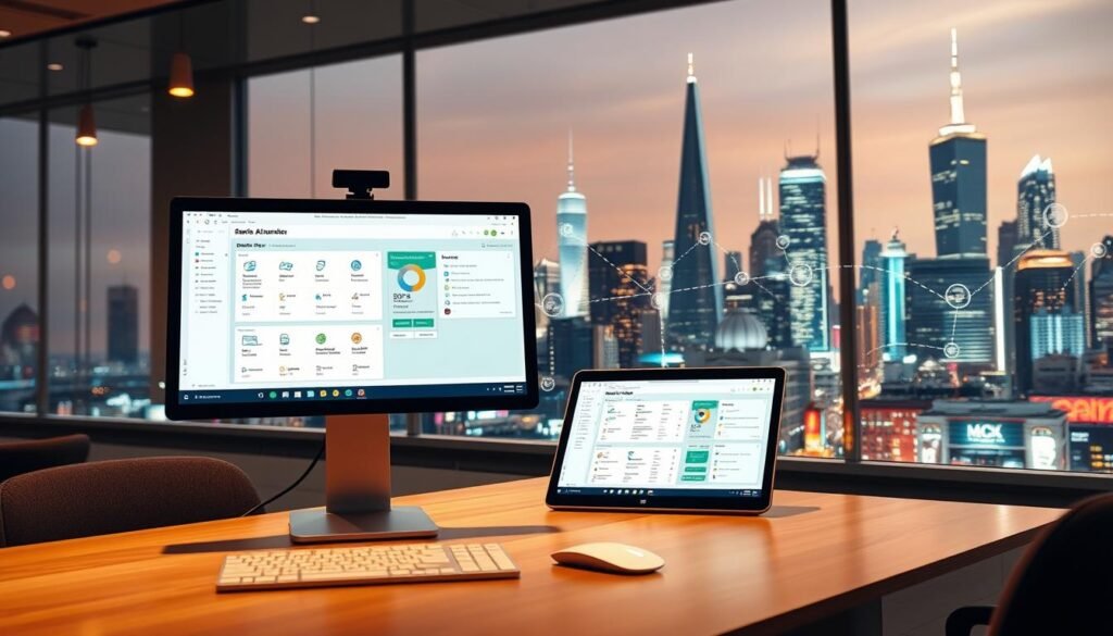 A modern and streamlined SMB automation process unfolds before the viewer's eyes. In the foreground, a sleek desktop computer and a tablet display intuitive AI-driven workflow interfaces. The middle ground showcases an array of interconnected business applications seamlessly integrated, enabling effortless task management and data synchronization. In the background, a vibrant cityscape with skyscrapers and bustling activity symbolizes the efficient, tech-savvy small business ecosystem. Warm lighting casts a professional glow, while a cinematic camera angle conveys a sense of progress and innovation. The overall scene exudes a mood of productivity, optimization, and the power of AI-driven automation to transform SMB operations.