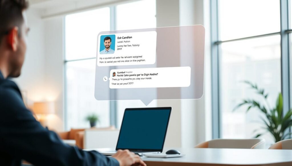 A modern office setting with a bright, airy atmosphere. In the foreground, a candidate sits at a desk, engaged in a video call with a recruiter. The candidate's face is illuminated by the soft, even lighting of the screen, creating a sense of focus and professionalism. In the middle ground, a sleek, minimalist chatbot interface hovers above the desk, displaying relevant candidate information and interview questions. The background features clean, geometric architectural elements, such as large windows and subtle wall accents, conveying a sense of technological sophistication. The overall mood is one of efficient, streamlined candidate interaction, where the chatbot seamlessly facilitates the interview process.