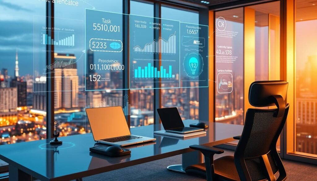 A modern office space with a central desk and ergonomic chair, surrounded by integrated AI assistants. The desk is adorned with cutting-edge technology - a sleek laptop, a digital tablet, and voice-activated controls. The background features large windows overlooking a bustling city, bathed in warm, natural lighting. A holographic display projects productivity metrics, task schedules, and AI-generated recommendations. The overall atmosphere conveys efficiency, innovation, and the seamless integration of AI into the workflow, saving valuable time and resources.