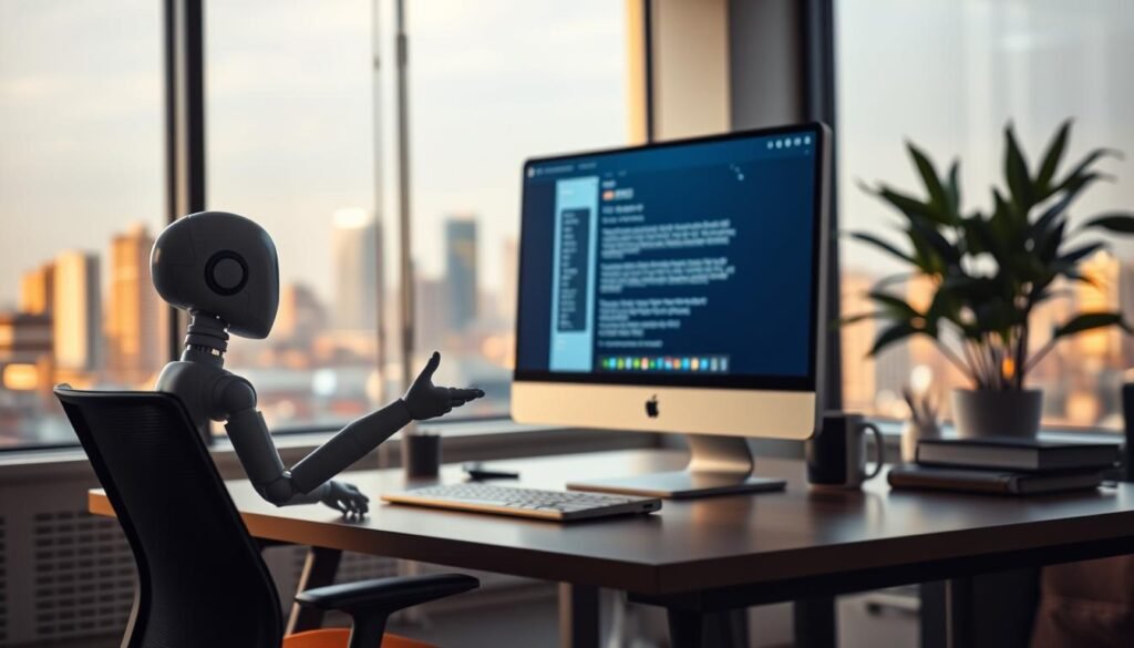A modern office workspace with a desktop computer and an email interface displayed on the screen. In the foreground, an AI-powered virtual assistant hovers, gesturing towards the email screen. Soft, natural lighting illuminates the scene, creating a calming, productive atmosphere. The middle ground features an ergonomic desk setup with a sleek, minimalist aesthetic. In the background, a large window overlooks a vibrant cityscape, suggesting the integration of technology and the digital world with the physical environment. The overall scene conveys the seamless integration of AI-driven email marketing tools into the everyday workflow, highlighting their fundamental role in boosting engagement and conversions.