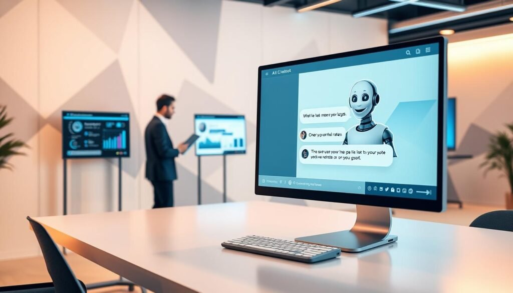 A modern, sleek AI chatbot interface showcasing effective lead generation scripts. The scene depicts a well-lit, minimalist office setting with a large computer screen in the foreground displaying an interactive chatbot conversation. The chatbot avatar appears friendly and approachable, designed to engage and convert potential leads. In the middle ground, a team of data analysts reviews chatbot performance metrics and conversion rates on secondary displays. The background features an abstract geometric pattern that subtly evokes the technological nature of the subject. Warm, directional lighting creates depth and highlights key elements, conveying a sense of professionalism and efficiency. The overall mood is one of innovation, optimization, and customer-centric design.