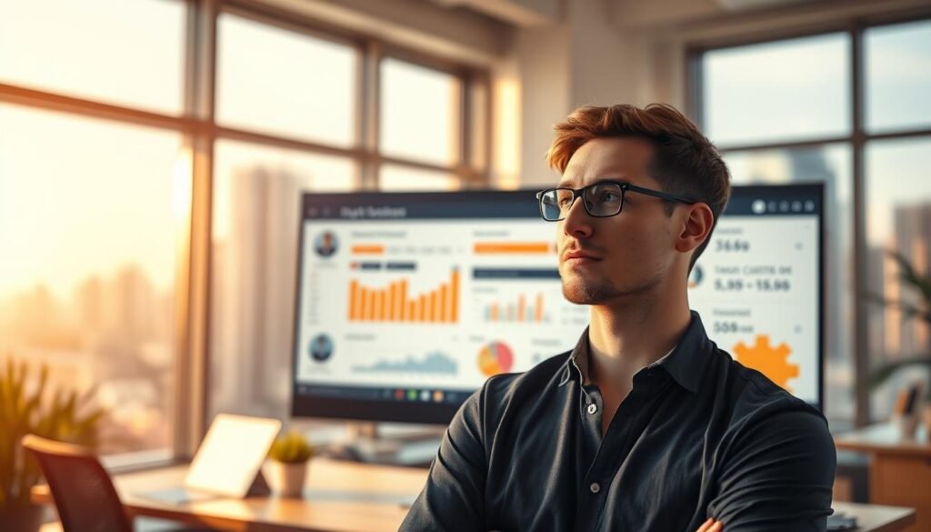 A serene office setting, bathed in warm, natural lighting from large windows. In the foreground, a computer monitor displays a sophisticated AI dashboard, showcasing personalized product recommendations and customer insights. In the middle ground, a thoughtful data scientist ponders the ethical implications, their expression reflective and measured. The background depicts a blurred city skyline, hinting at the broader societal context of AI-driven e-commerce personalization. The overall mood is one of contemplation, balancing technological progress with responsible data stewardship.