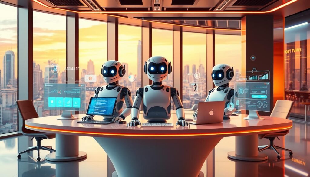 A sleek, futuristic office setting with a central desk featuring an array of advanced AI chatbots, each with distinct interfaces and capabilities. The chatbots are surrounded by holographic displays showcasing lead generation metrics, customer profiles, and conversion analytics. Warm, directional lighting illuminates the scene, creating a professional, technologically-advanced atmosphere. The background features floor-to-ceiling windows overlooking a vibrant, futuristic cityscape. The camera angle is slightly elevated, providing a comprehensive view of the lead generation chatbot setup.