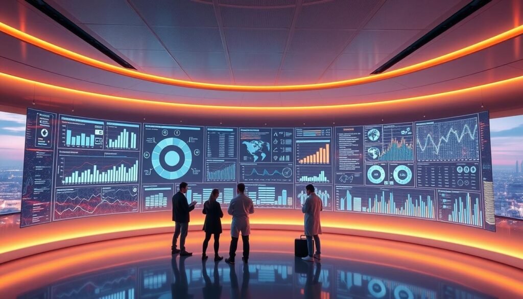 A sleek, futuristic office setting with an expansive data visualization dashboard taking center stage. Curved, holographic displays present dynamic charts, graphs, and interactive analytics tools. The dashboard is illuminated by warm, ambient lighting, casting a soft glow across the minimalist, high-tech environment. In the foreground, a team of data scientists and analysts collaborate, examining the insights revealed on the screens. The middle ground features cutting-edge hardware and server racks, symbolizing the powerful AI-driven data processing occurring behind the scenes. The background showcases a panoramic city skyline, hinting at the global scale and impact of the AI-powered data analysis. Overall, the scene conveys a sense of innovation, efficiency, and the transformative potential of AI in data analysis.