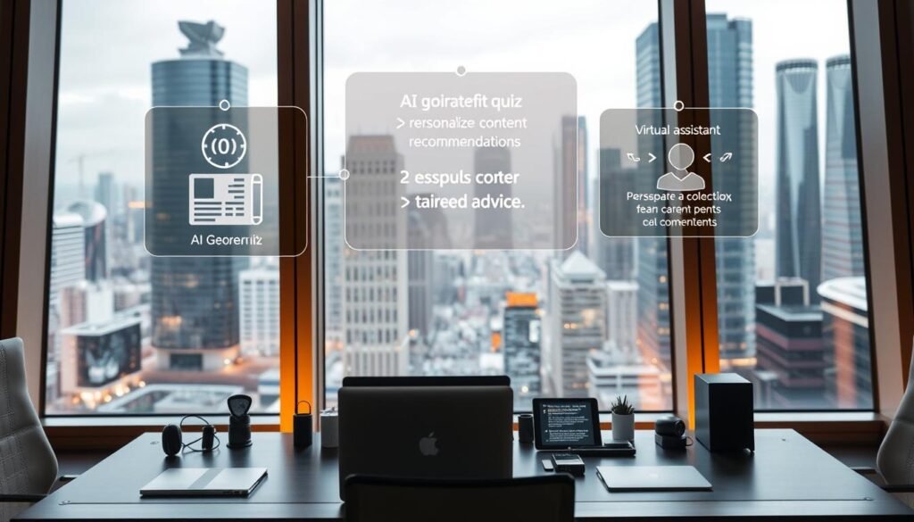A sleek, futuristic office setting with large windows overlooking a bustling city skyline. In the foreground, a desk with a laptop, a tablet, and various tech accessories arranged in an aesthetically pleasing manner. Floating above the desk, holographic displays showcase different AI-powered lead magnet ideas, such as an interactive quiz, a personalized content recommendation system, and a virtual assistant offering tailored advice. The lighting is soft and warm, creating a professional yet inviting atmosphere. The overall scene conveys the power and potential of AI-driven lead generation tools to captivate and convert potential customers.