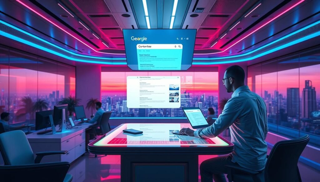 A sleek, futuristic office space with a central desk and holographic displays showcasing AI-generated content. Vibrant colors and dynamic lighting create an immersive, tech-forward atmosphere. In the foreground, a skilled content creator interacts with the AI system, refining and optimizing the SEO-driven text and visuals. The middle ground features a large, suspended screen displaying a search engine results page, highlighting the AI's ability to generate SEO-friendly content. The background showcases a panoramic city skyline, symbolizing the scalability and reach of AI-powered content creation. Cinematic camera angles and a high-key lighting scheme convey a sense of innovation and efficiency.