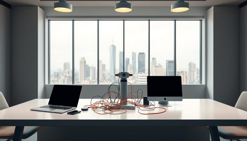 A sleek, minimalist office setting with a central workspace and a large, modern desk. On the desk, a laptop, a compact desktop computer, and a tablet, all connected by a tangle of color-coded cables, symbolizing the cost-effective integration of AI technology. Soft, diffused lighting from overhead fixtures casts a warm glow, creating a productive, yet calming atmosphere. In the background, a large window offers a view of a bustling city skyline, hinting at the potential for AI to drive business growth. The overall composition conveys the notion of streamlined, efficient AI implementation that is accessible and beneficial for small businesses.