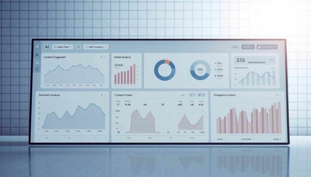 A sleek, modern dashboard displaying a variety of AI content creation metrics. The foreground features line graphs, pie charts, and bar graphs depicting key performance indicators such as content engagement, sentiment analysis, and conversion rates. The middle ground showcases an elegant, minimalist user interface with clean typography and intuitive data visualization tools. The background subtly blends a subtle grid pattern and a soft, muted color palette, creating a professional and technologically-advanced atmosphere. Bright yet soothing lighting casts a gentle glow across the scene, highlighting the precision and clarity of the analytical data. The overall composition conveys a sense of insightful data-driven decision making for optimizing AI-generated content.