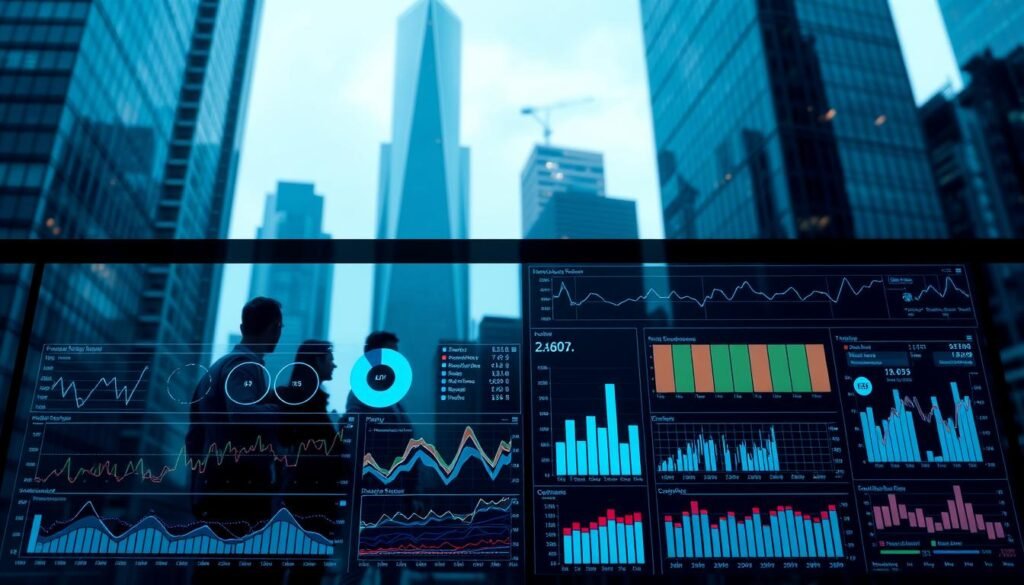 A sleek, modern data visualization dashboard set against a backdrop of towering skyscrapers. In the foreground, interactive charts and graphs displaying complex analytics, with smooth transitions and vivid colors. In the middle ground, a team of analysts in business attire, deep in concentration as they study the data insights. The background is bathed in a cool, blue-tinted lighting, creating a sense of sophistication and technological prowess. The overall scene conveys the power of AI-driven data analysis to unlock valuable business intelligence from raw information.