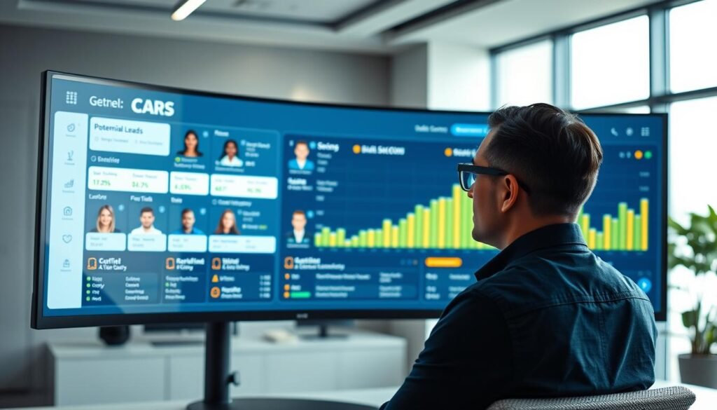 A sleek, modern office setting with a large, curved computer monitor displaying a CRM dashboard. The dashboard shows a grid of potential leads, each represented by an avatar, with real-time scoring and prioritization metrics overlaid. The leads are color-coded based on their AI-enhanced scoring, indicating their sales readiness. In the foreground, a sales representative reviews the dashboard, studying the data with a focused expression. Soft, directional lighting illuminates the scene, creating a professional and productive atmosphere. The background features minimalist office decor, with clean lines and neutral tones to emphasize the technological focus.