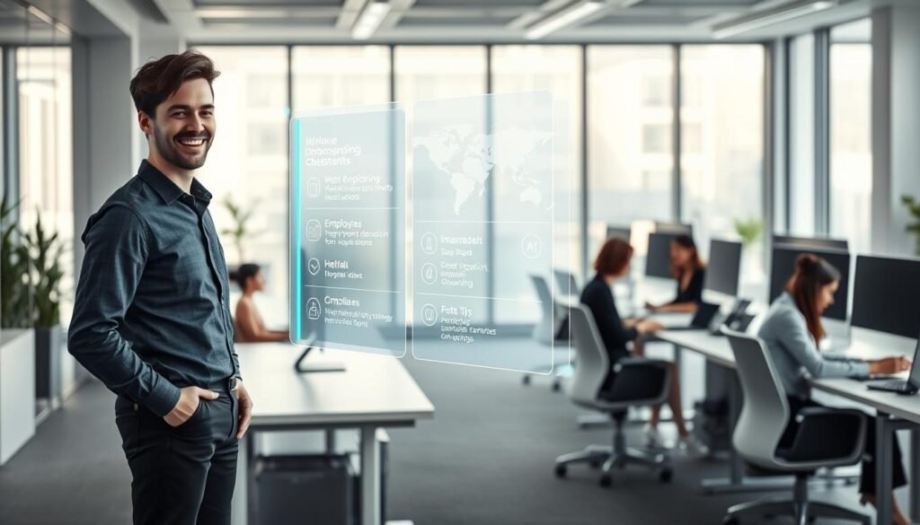 A sleek, modern office setting with a minimalist aesthetic. In the foreground, a smiling employee stands at a desk, interacting with a holographic AI assistant that floats above the workspace. The AI's interface displays an onboarding checklist, employee information, and helpful tips. In the middle ground, other new hires sit at their desks, engaged with their own AI assistants, streamlining the onboarding process. The background features floor-to-ceiling windows, allowing natural light to flood the space, creating a bright and welcoming atmosphere. The overall scene conveys efficiency, personalization, and a sense of seamless integration between human and artificial intelligence.