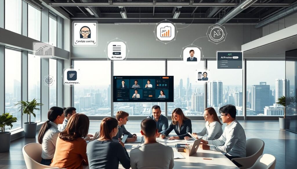A sleek, modern office setting with high ceilings and abundant natural light. In the foreground, a group of diverse individuals sit around a conference table, engaged in discussion and examining digital files and recruitment materials. Floating above the table, various AI-powered recruitment tools are displayed, including candidate screening algorithms, resume analysis software, and virtual interview platforms. The middle ground features a wall-mounted display showcasing employee profiles and hiring metrics. In the background, a vast window provides a panoramic view of a bustling cityscape, symbolizing the global reach and scalability of these AI-driven recruitment solutions. The overall atmosphere conveys efficiency, collaboration, and the seamless integration of advanced technology into the hiring process.