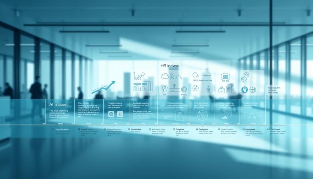 A sleek, modern visualization of an AI implementation roadmap for HR departments. In the foreground, a clean and minimalist timeline with key milestones and phases, rendered in a cool color palette. The middle ground features data visualizations, flow diagrams, and icons representing the different components of the AI system, such as candidate screening, employee analytics, and engagement tools. In the background, a stylized cityscape or office environment, evoking a corporate, technology-driven atmosphere. The lighting is soft and directional, casting subtle shadows and highlights to create depth and dimensionality. The overall composition is balanced and visually appealing, guiding the viewer's eye through the various elements of the AI roadmap.