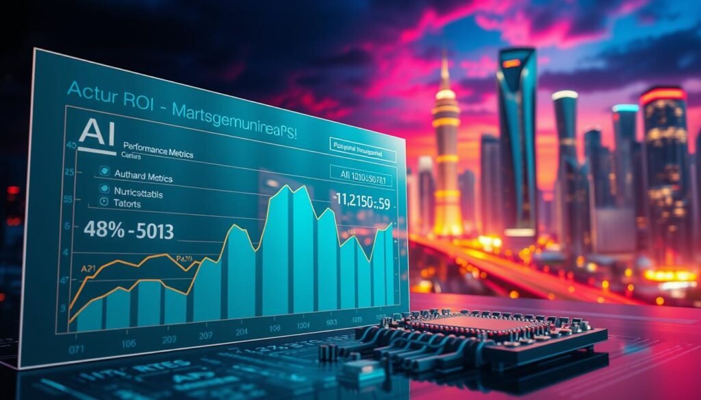 A vibrant and informative visualization of "AI ROI Measurement". In the foreground, a detailed graph displays key performance metrics and ROI calculations, rendered in a sleek, data-driven style. The middle ground features a partially transparent 3D model of a circuit board, symbolizing the technological underpinnings of AI systems. In the background, a futuristic cityscape sets the scene, with gleaming skyscrapers and a vibrant, neon-tinged sky, conveying a sense of innovation and progress. The lighting is dramatic, with sharp contrasts and a warm, inviting color palette that draws the viewer's eye to the central data visualization. The composition is balanced and visually striking, effectively communicating the topic of measuring the return on investment for AI implementations.