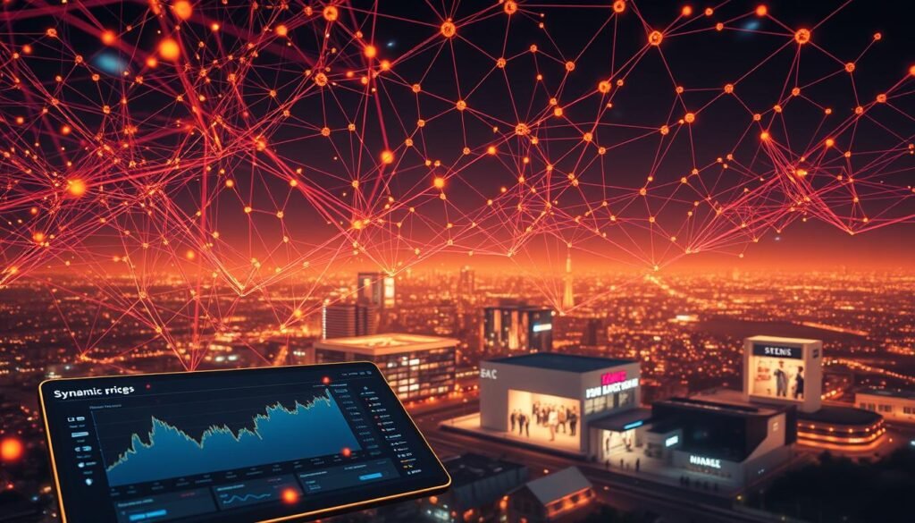 An intricate neural network, a complex web of interconnected nodes, visualizing dynamic pricing strategies in a vibrant, data-driven landscape. In the foreground, a sleek, futuristic dashboard displays real-time price fluctuations, algorithms adjusting prices with lightning speed. The middle ground reveals a blend of market data, consumer behavior patterns, and predictive analytics, all seamlessly integrated. In the background, a panoramic view of the e-commerce landscape, with stores and shoppers navigating the dynamic pricing ecosystem, guided by the omniscient AI. Warm, ambient lighting casts a subtle glow, creating a sense of technological sophistication and efficiency. A striking, cinematic composition that captures the essence of AI-driven dynamic pricing in the modern e-commerce world.