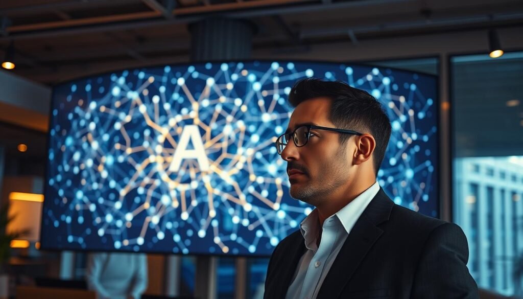 Prompt A sleek, modern office setting with a dynamic AI algorithm displayed on a large, curved screen. The AI system is represented by a complex, interconnected network of nodes and lines, pulsing with energy and data. In the foreground, an executive examines the screen, their expression focused and contemplative, surrounded by the latest tech accessories. The lighting is a mix of warm, ambient tones and cool, directional highlights, creating a sense of depth and sophistication. The overall atmosphere conveys the power and potential of AI-driven dynamic pricing, a core technology shaping the future of e-commerce personalization.