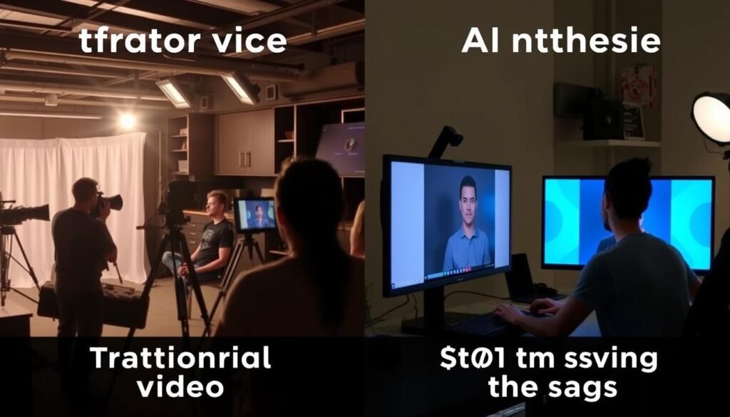 Synthesia review showing a comparison between traditional video production and AI video creation