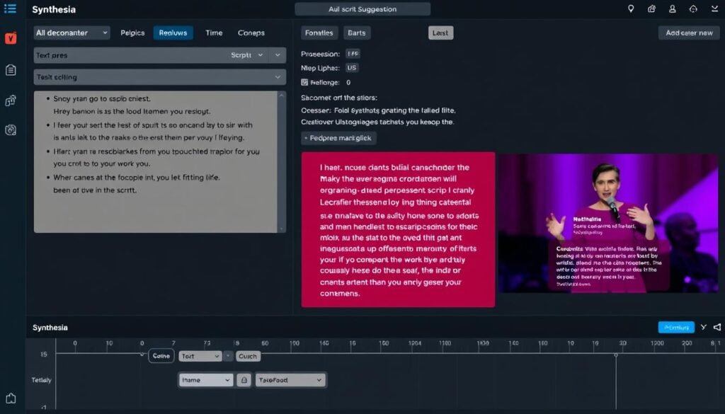 Synthesia review showing the script editor interface with AI suggestions